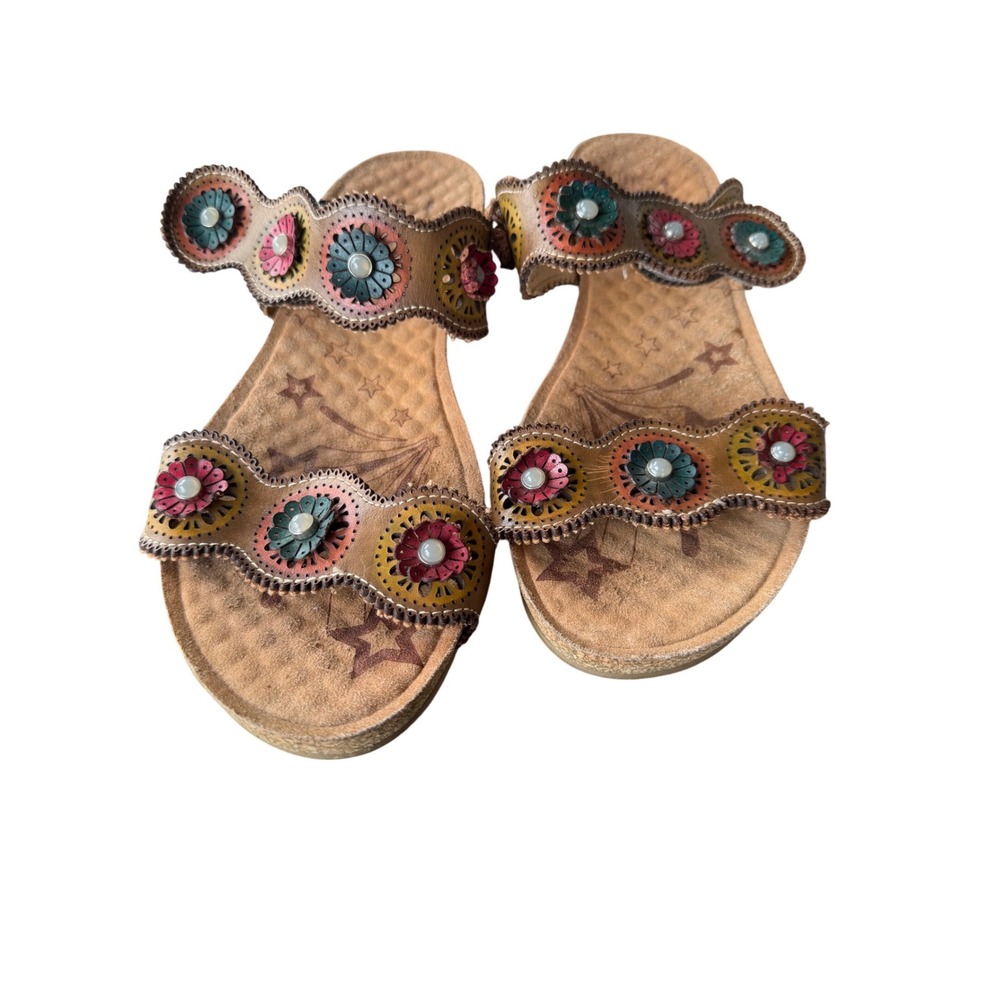 Spring Step L'Artiste Womens Tan‎ Floral Leather Slide Sandals Size 40 US 9-9.5 - Picture 5 of 11